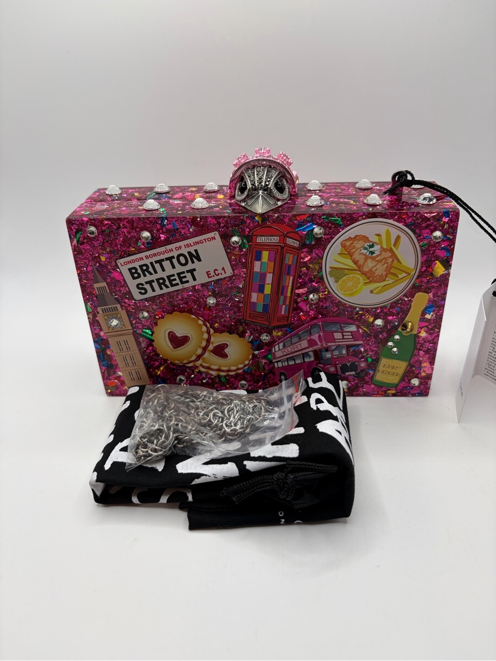 Kurt Geiger Pink London Embellished Box Clutch Bag with Silver Hardware